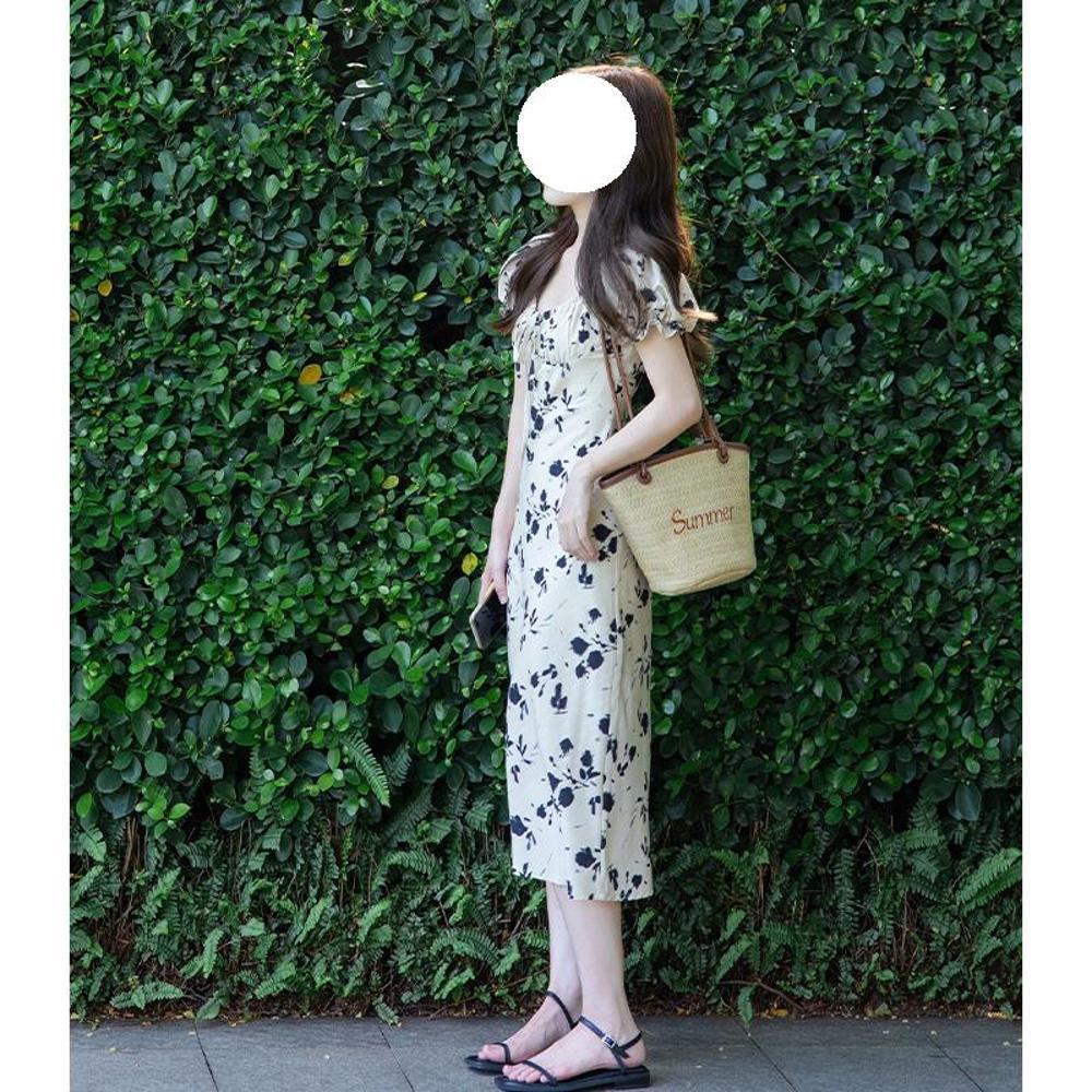 Xiaoxiangfeng women's floral dress with straps, bubble sleeves, A-shaped skirt, summer smudging waist and thin medium and long skirt