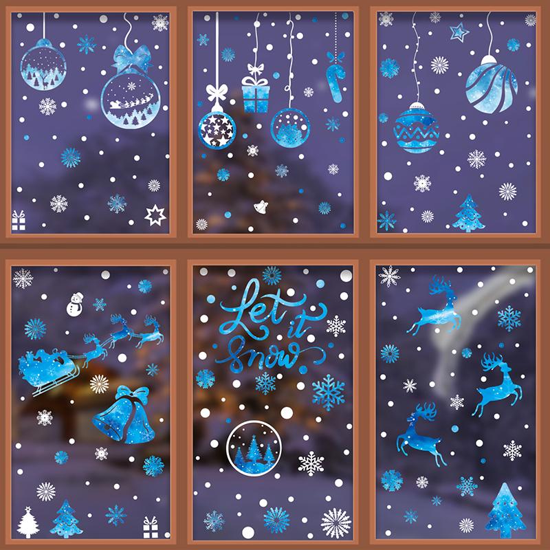Weihnachtsfensteraufkleber Blauer Elch Statische Aufkleber Schneemann Schneeflocke Wandaufkleber Abziehbilder Frohe Weihnachten Feiertagsparty Aufkleber