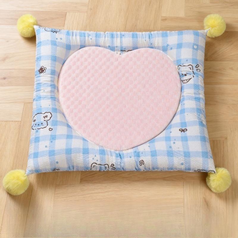 Square Pet Mat Four‑sided Bolster Cushion Plaid Pom‑pom Decor Soft Cooling Sleeping Pad for Small Dogs Cats
