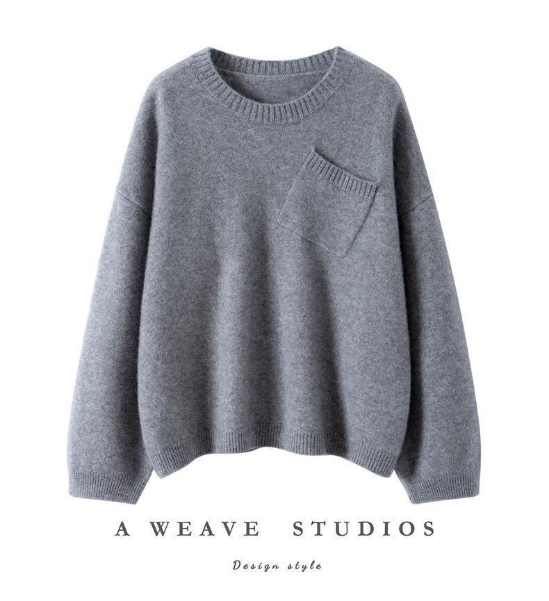 Women's Cashmere Round Neck Sweater - 2025 Autumn/Winter Collection, Loose Fit, Elegant Style, with Pockets for Warmth