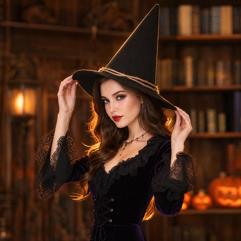 Halloween Witch Hat with Rope Trim for Costume Party