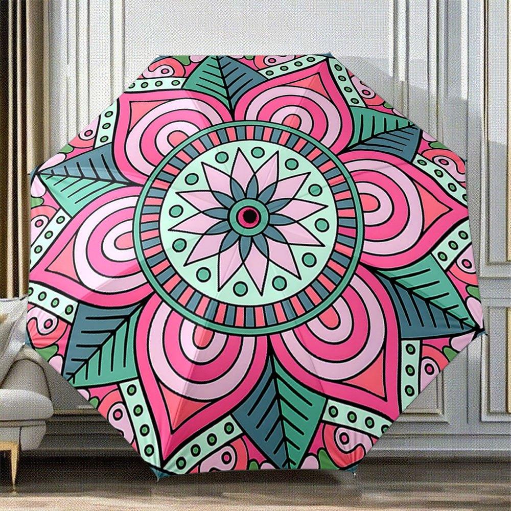 

Automatic Folding Umbrella with Mandala Boho Design - Pink Green Turquoise Purple Automatic Open/Close, 8-Rib Compact Collapsi
