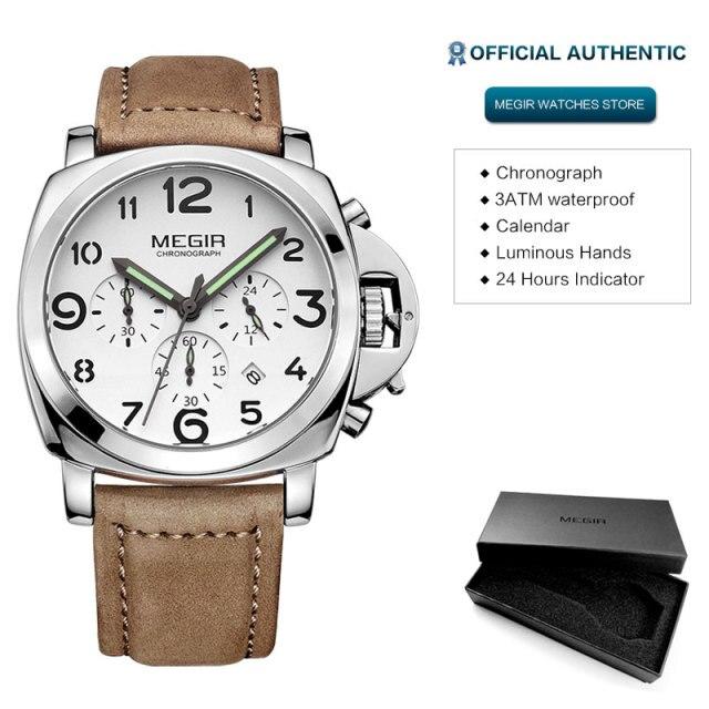 Megir Orologio da uomo con cinturino in pelle con quadrante rettangolare e cronografo blu casual al quarzo, Argento blu, Cinturino