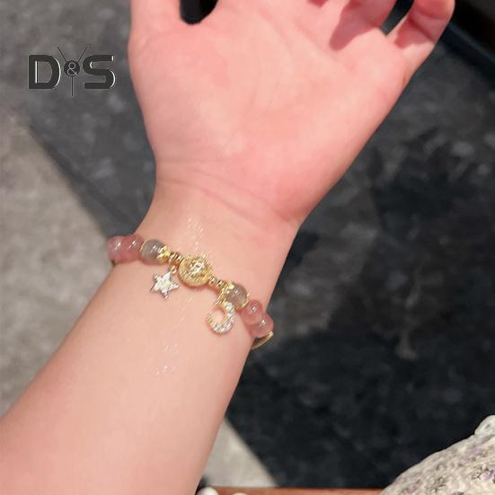 Women Bracelet Smooth Bead Polished Star Moon Pendant Rhinestone Adjustable Shopping Work Party Dating Wrist Chain Lady Jewelry