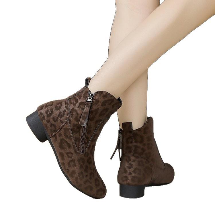 Leopard print high-heeled short boots women's autumn and winter 2025 new fashion pointed thick-heeled small cotton boots versatile velvet single boots