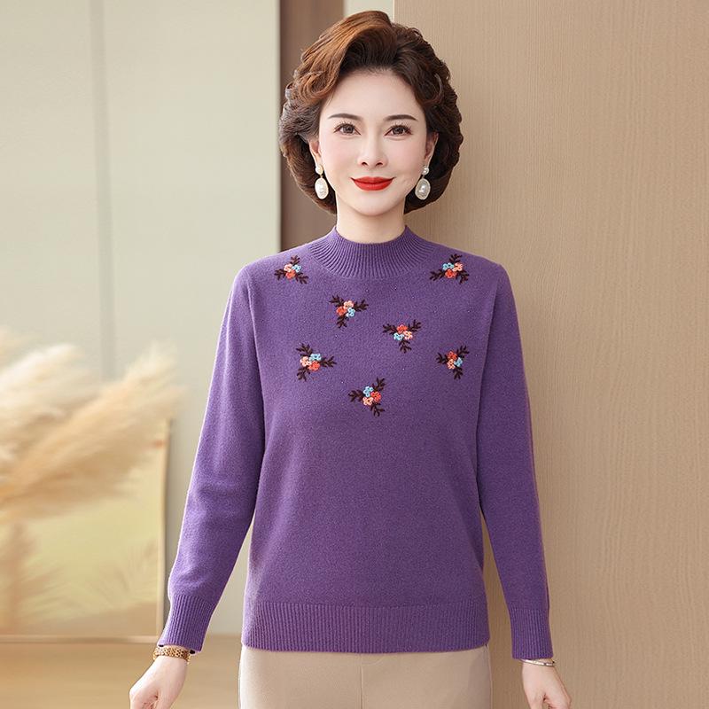 Embroidered High-Neck Pure Wool Sweater for Autumn/Winter - Elegant Base Layer for Middle-Aged & Elderly