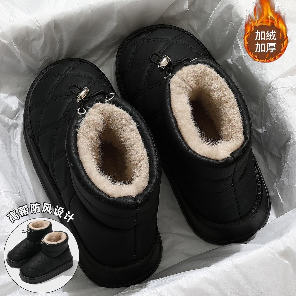 High-top cotton slippers for women to wear outside in winter, new home interior velvet warm pu leather waterproof cotton shoes for women