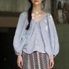 Women Vintage Shirts Lantern Sleeve Tops Spring Solid Color V-Neck Button Patchwork Chinese Style Shirts