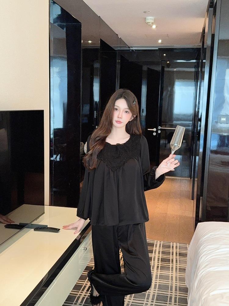 Ice Pure Maiden: Sweet Princess-Style Lace Pajamas - Long Sleeve, Light Luxury Ice Silk for Spring & Autumn
