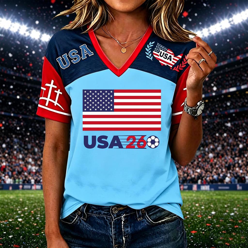 Womens Casual Short Sleeve Soccer Print V Neck Pullover Top Lightweight Breathable Soft Fabric Comfortable Fit