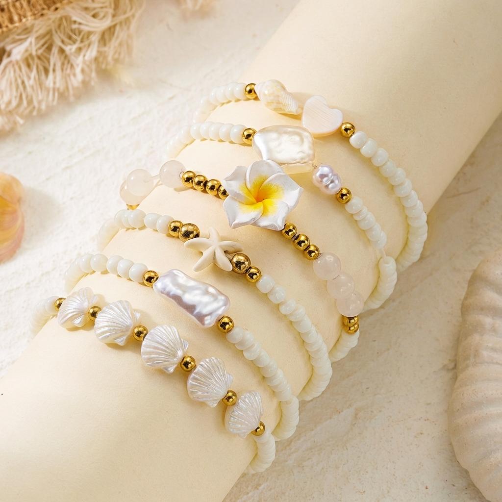 Elegant Shell Flower Imitation Pearl Chain Bracelet Set for Women Stackable Plumeria Floral Beads Bracelet Party Jewelry Gift