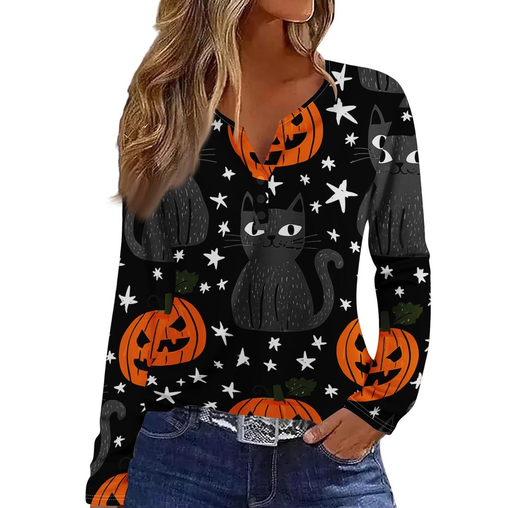Women's Halloween Print V-Neck Long Sleeve T-Shirt with Button for Casual Holiday Wear