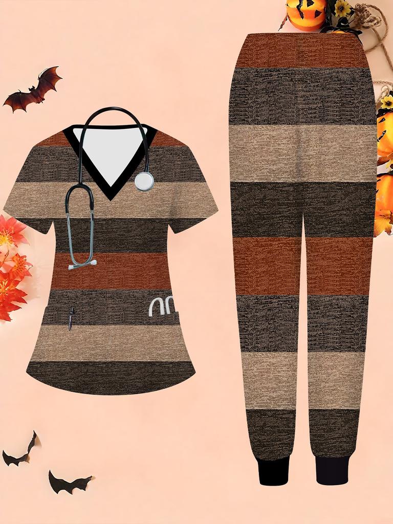 3D Stripe Printed Women's Nurse Uniform Set Short Sleeve Long Pants with Pocket Casual Fashionable Christmas Gift