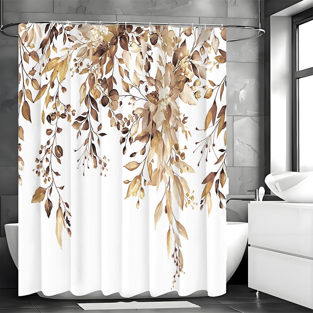 Brown Eucalyptus Leaf Shower Curtain, Watercolor Tan Botanical Floral Bathroom Decorative Shower Curtain, Waterproof Shower Cur