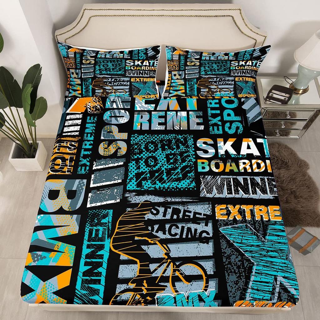 Cartoon Graffiti Muster Bettmütze Dreiteilig Digitaldruck Bettwäsche Bettmütze Dreiteiliges Set Kinder Und Erwachsene