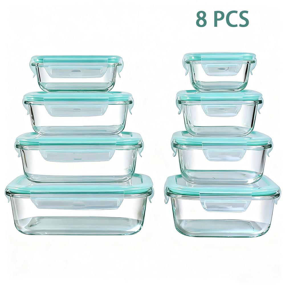 8pcs Glass Food Storage Containers Set Lunch Box Leakproof Airtight Microwave & Oven Safe Stackable Kitchen Organizers