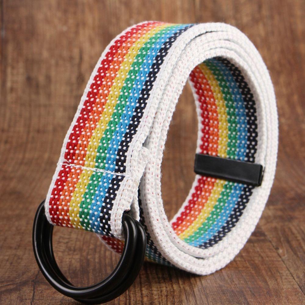 Women Simple Black Buckle Double Ring Waistband Weave Waist Band Nylon Braided Belt Canvas Strap