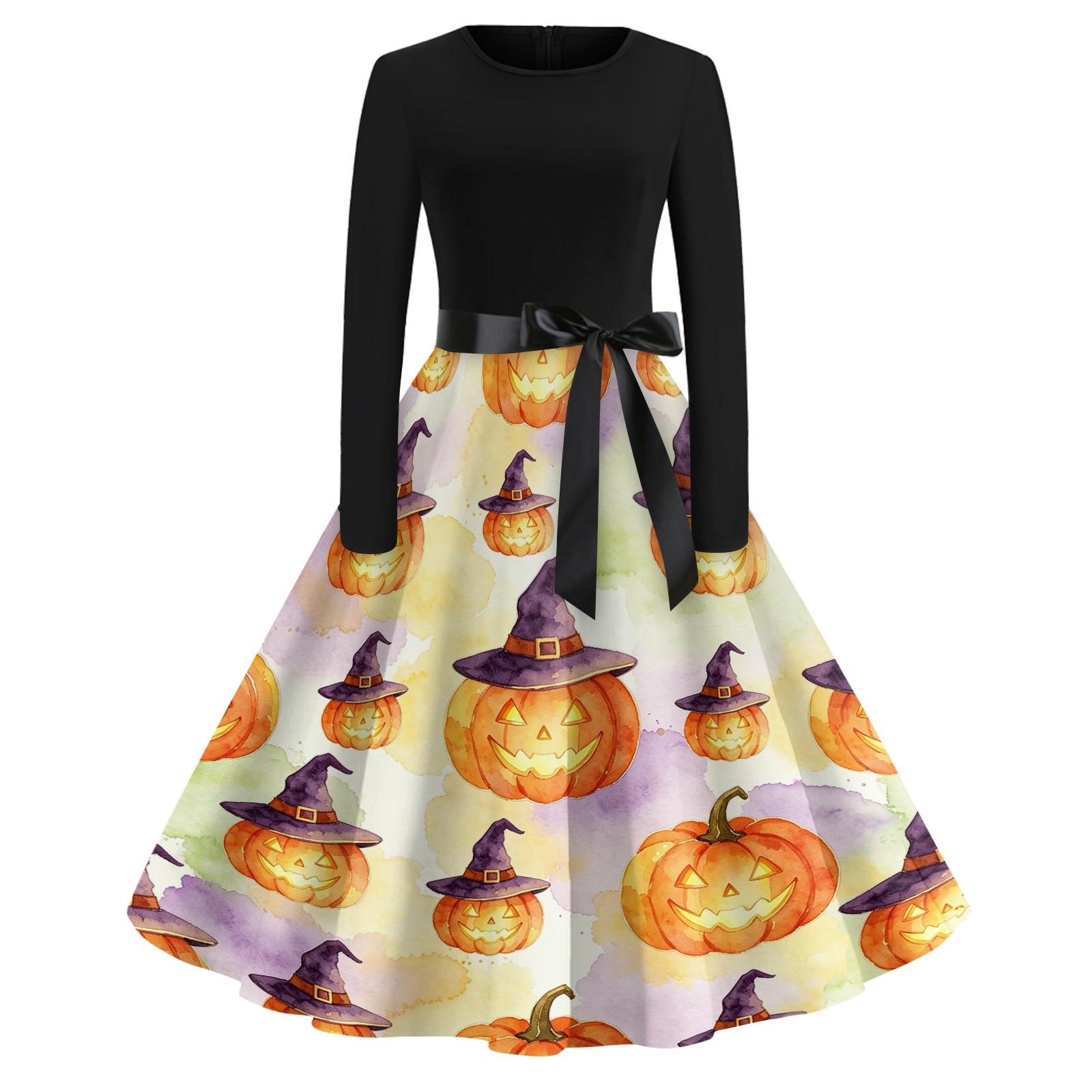 Women s Vintage Halloween Print Long Sleeve Crewneck Dress L бежевый