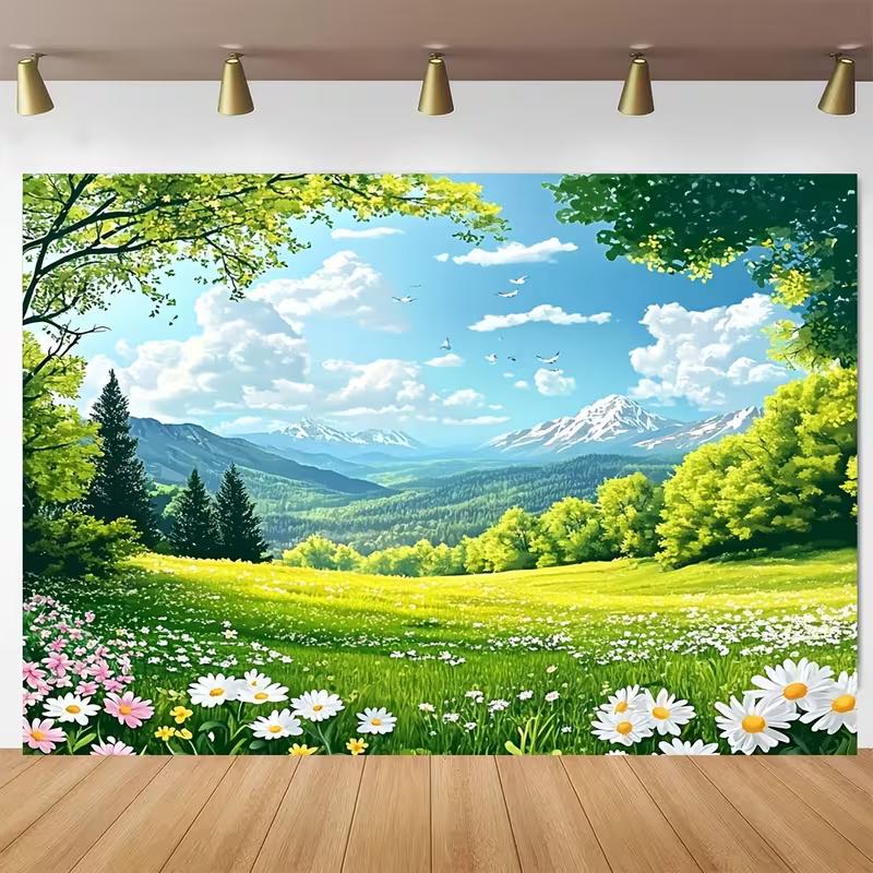 Cute Floral Meadow Tapestry, Sunny Green Field with Daisies, Trees and Snowy Mountain Wall Art