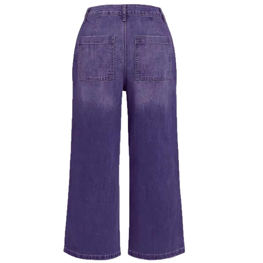 Plus Size Women Straight Jeans Strecth Denims Wide Leg Pants Pockets Vintage Distressed Washed Streetwear Female Ankle Length Trousers