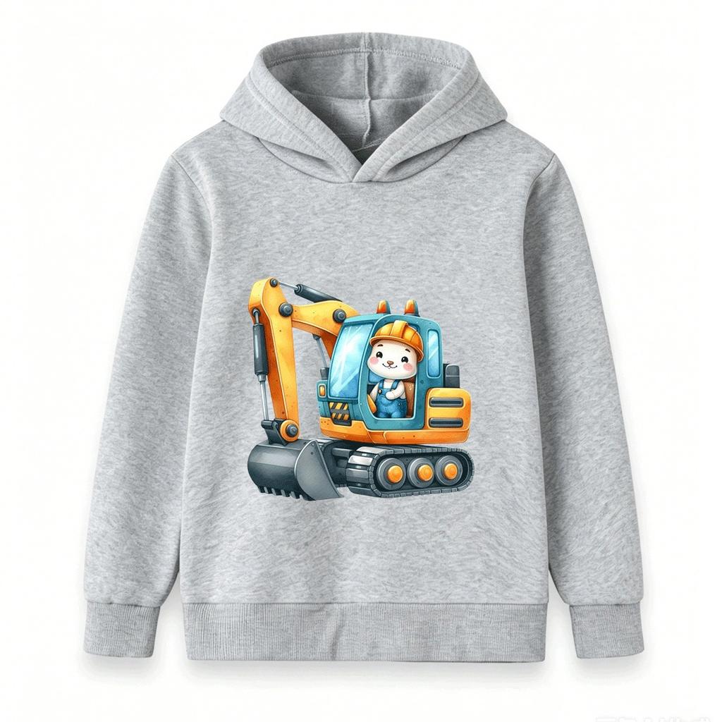 Kids Hoodie Cute Rabbit Excavator Print Casual Pullover Sweatshirt for Boys Girls Soft Warm Top for Construction Vehicle Lovers