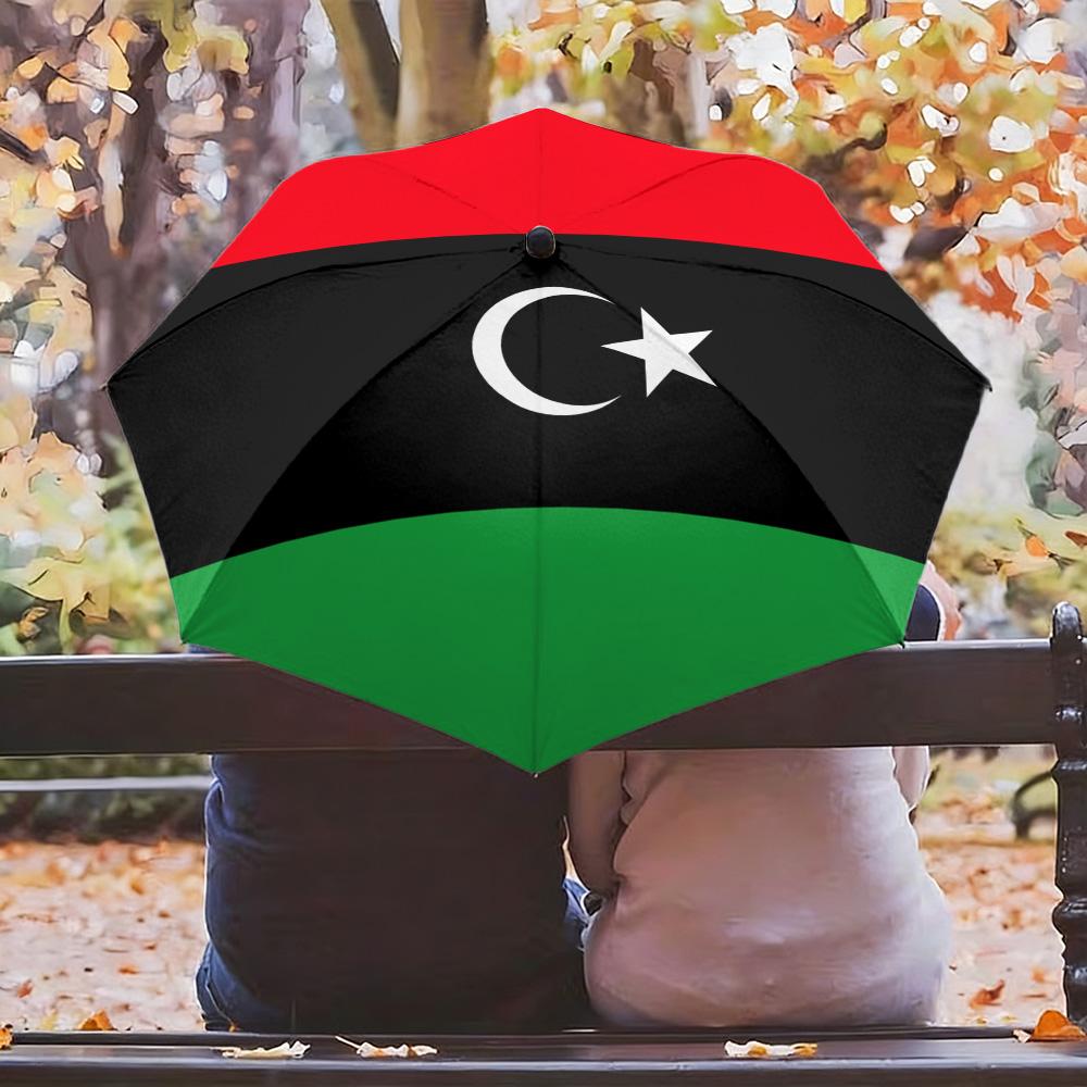 

Libya National Flag Red Black Green Stripes White Crescent Star Print Auto Folding Umbrella Waterproof Windproof Compact Travel (as the picture,Iron&8K)