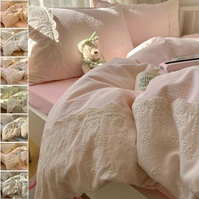 French Style Lace Bedding Set 3/4PCS - Wash Cotton Duvet Cover & Pillowcases Soft Breathable Active Printing for Home Bedding