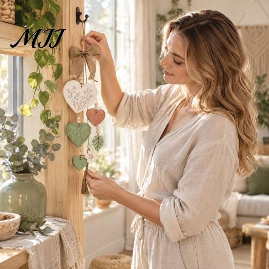 Rustic Wall Decor for Home Wooden Heart Hanging Ornament, Door Hanger with Bow, Pastoral Wood Craft Ornament Tassel, Farmhouse Window Decoration