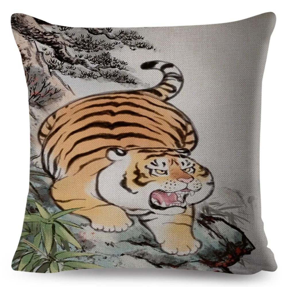 Funny Fat Tiger Cushion Cover Decor Cute Cartoon Animal Pillow Case for Sofa Home Car Linen Chinese Ink Throw Pillowcase