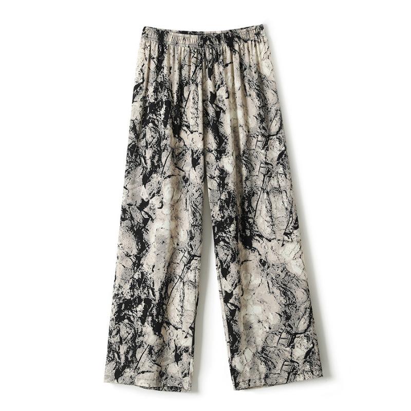 White tea casual versatile wide-leg pants chiffon printed casual pants women's new lazy retro loose drape