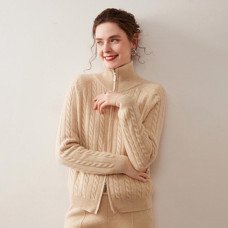 Women's Cable Knit Cashmere Cardigan - Solid Color, Stand Collar, Zipper Closure, Autumn/Winter Casual Style Sweater
