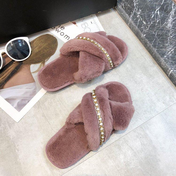 

Тапочки Mao Mao с перекрестной цепочкой 2020 осень-зима новинка корейская версия плоская подошва теплые домашние хлопковые шлепанцы модные плюшевые туфли 40-41