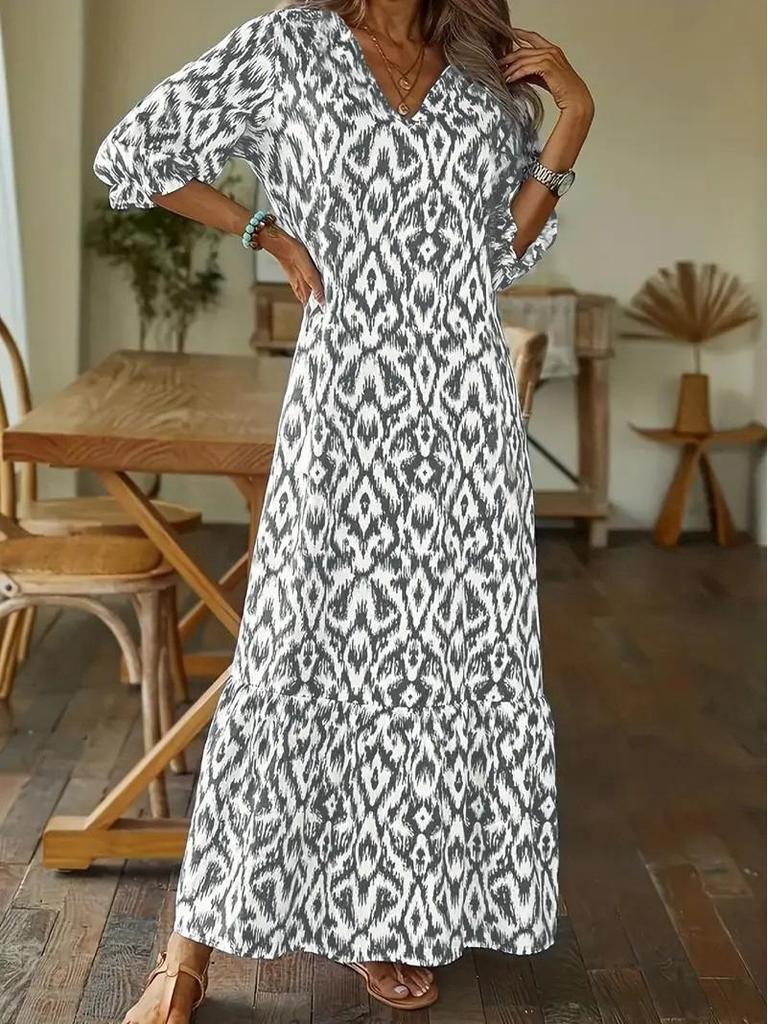 2023 Autumn/Winter European & American Casual V-Neck Printed Mid-Sleeve Dress