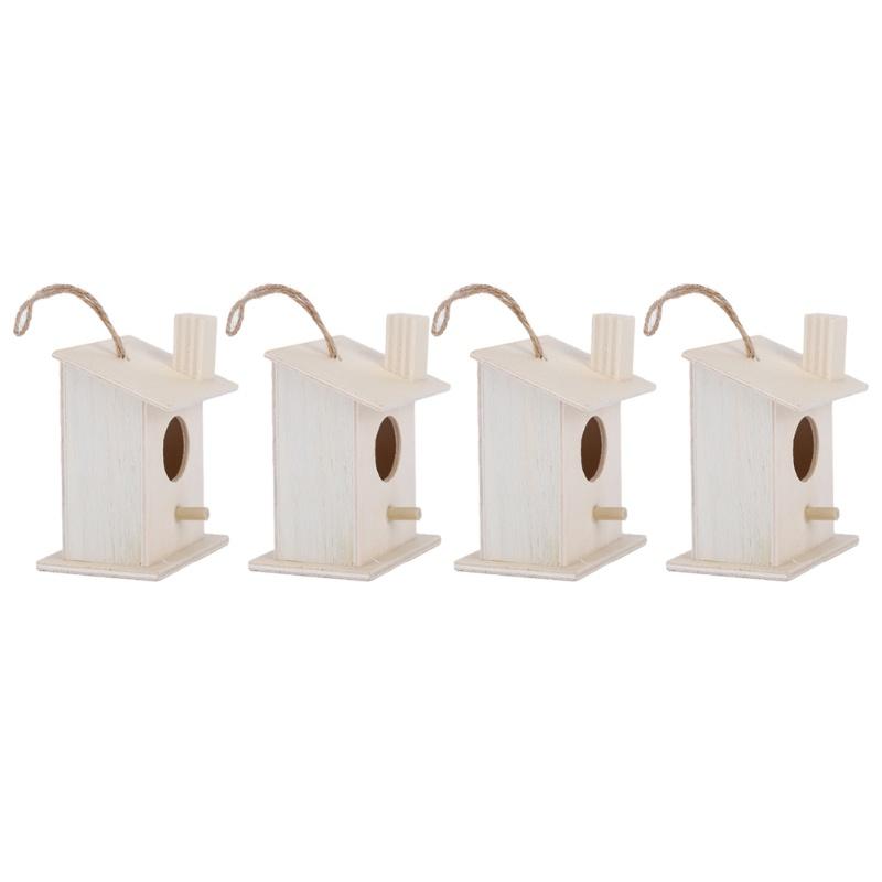 4Pcs Innovative Hanging Wooden Bird House Nests Ornament For Outdoor Garden Yard Decoration