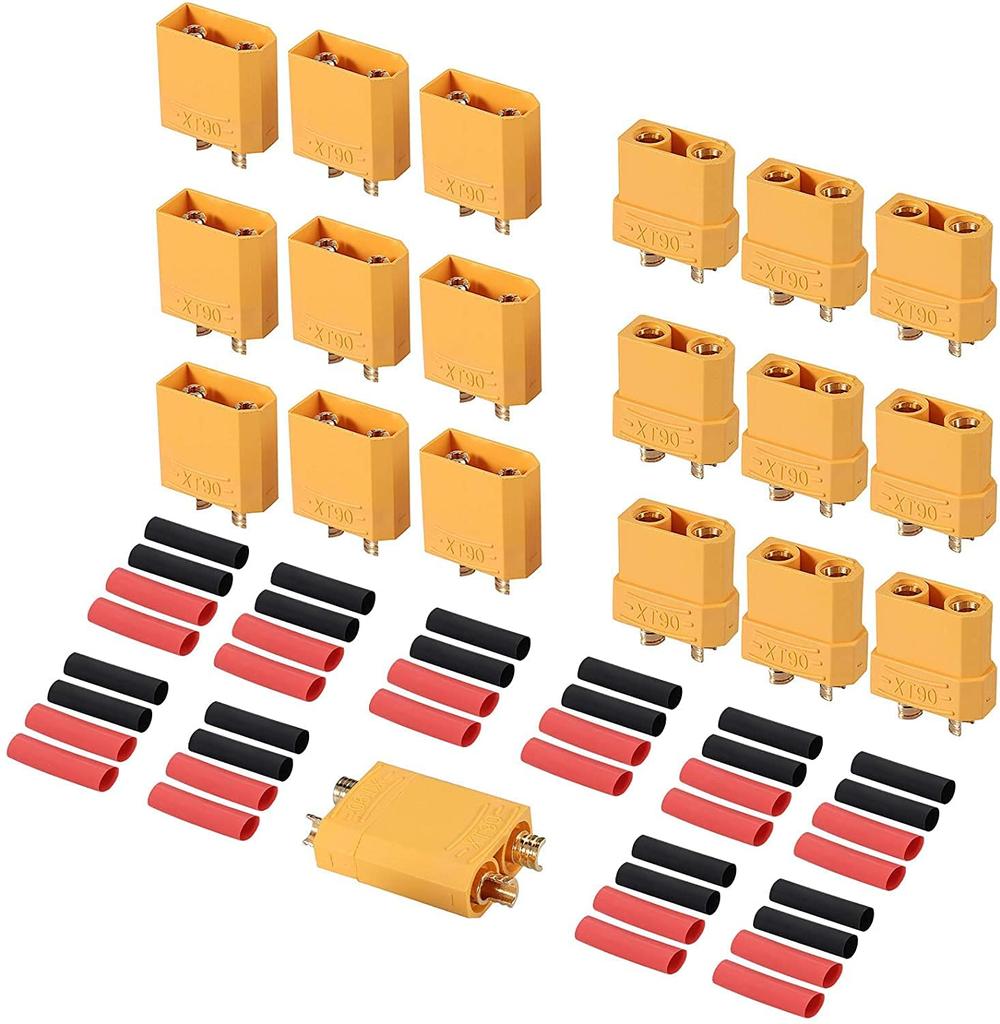 XT90 Connectors 10 Pairs – Male & Female – High Quality for RC LiPo Batteries – Includes 40 Heat Shrink Tubes – Yellow Red Black – Plastic