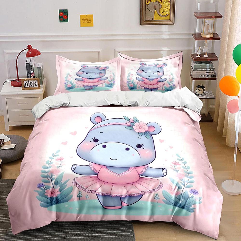 Cute Hippo In Pink Dress Strolling Duvet Cover Set With 3D Printing Design Soft Polyester Bedding Set All-Season Comfort