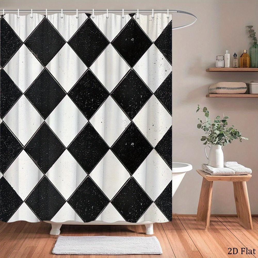 Vintage Schwarz-Weiß-Schachbrett-Duschvorhang Geometrisches Rautenmuster Polyester-Badevorhang Mit 12 Haken Für Moderne Einrichtung