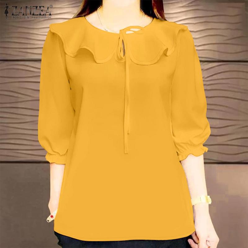 ZANZEA Women Ruffles Round Neck Casual 3/4 Sleeve Loose Blouse