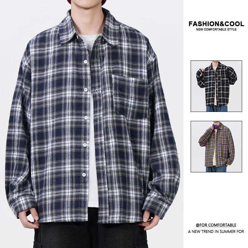 VUUG American Retro Plaid Color-Block Long-Sleeve Shirt M
