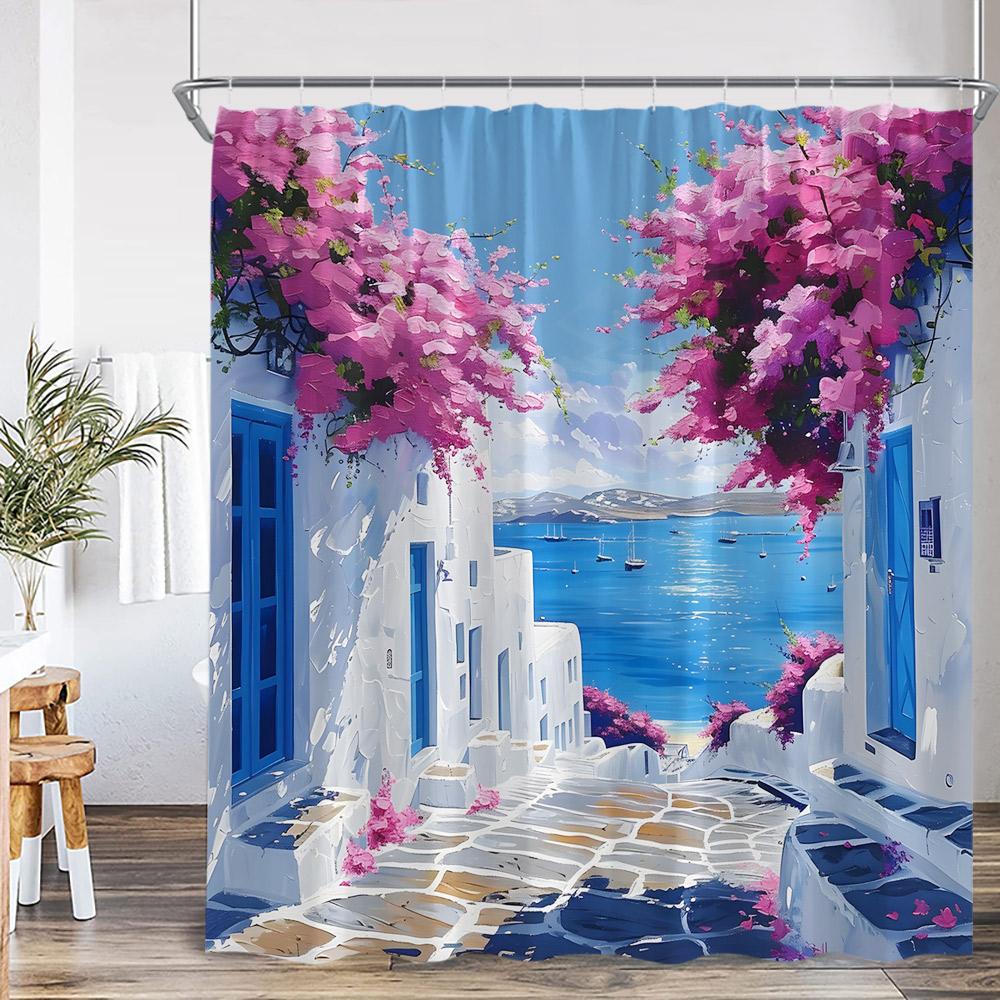 Griechische Stadtlandschaft Ölgemälde Duschvorhang Venedig Italien Straßenansicht Europäische Landschaft Badezimmer Dekor Polyester Badvorhang