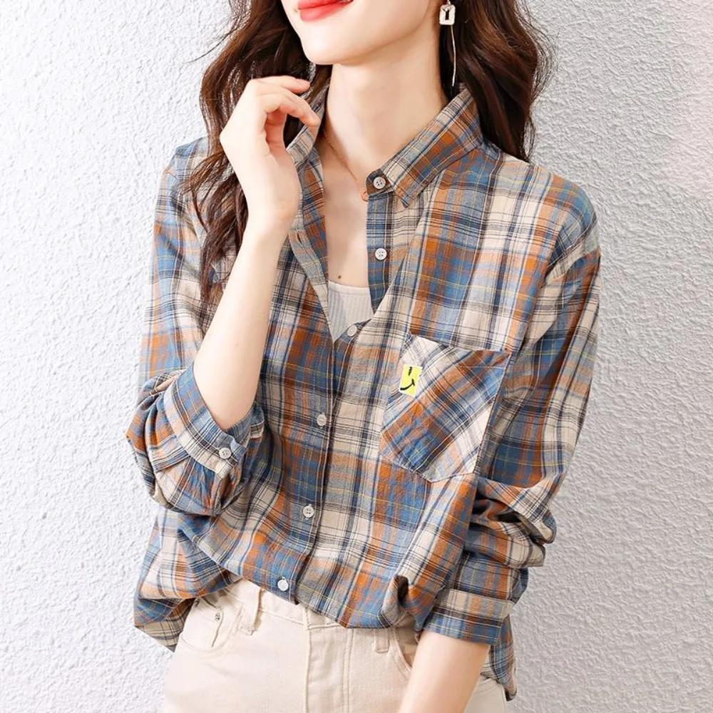 Checkered Shirt for Women In Spring and Autumn Fashionable and Retro Pure Cotton Shirt Worn with A Foreign