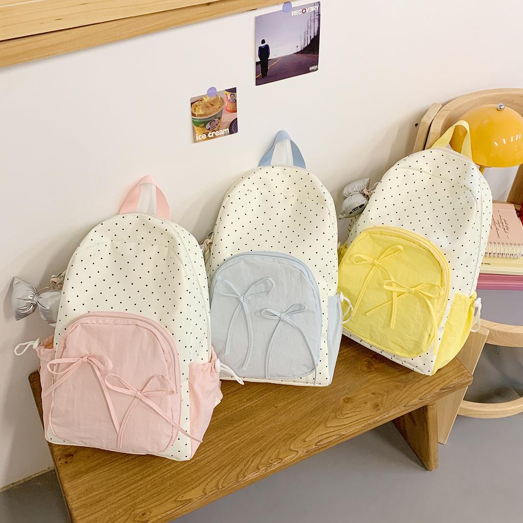 Cute Sweet Girl High Value Female Korean College Style Bow Polka Dot Backpack Schoolbag Commuter Backpack Female