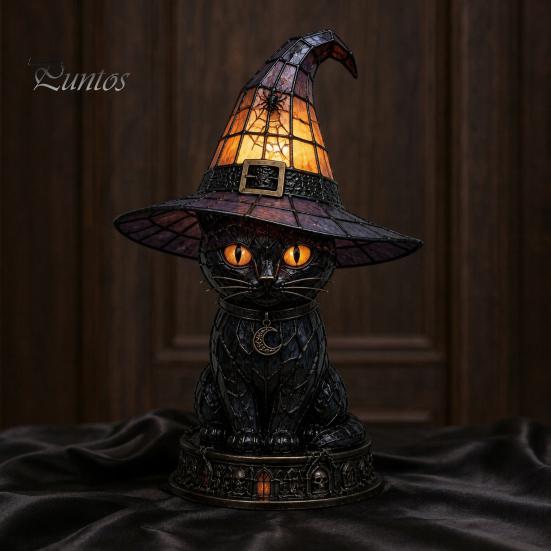 Spooky Home Decor Light Halloween Witch Cat Night Light, Resin Table Lamp with Warm Mantelpiece Glow, Gothic for Bedroom Shelf, Gift Cozy Fall