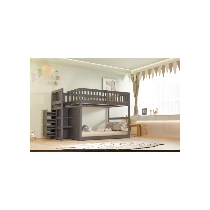 Lit superposé - MUVOE - 140 x 200 cm - Sécurisé - Avec tiroirs - Finition grise
