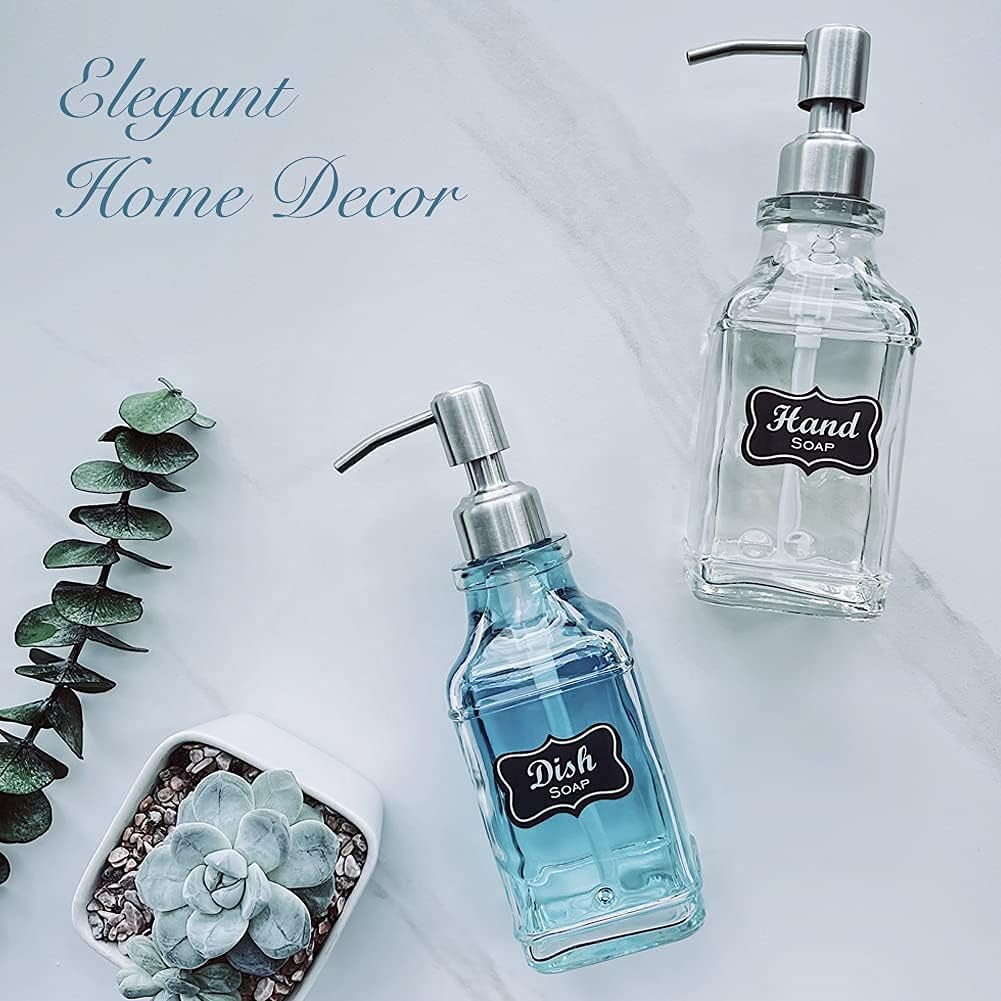 JASAI 2Pack Antique Design Glass Soap Dispenser with Rust Proof 304 Stainless Steel Pump, Refillable Hand Soap Dispenser with 10Pcs Stickers, Premium