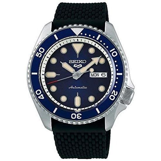 SEIKO SRPD93 wristwatch mens - 5 Sports automatic movement blue sunray dial bezel stainless steel case black silicone strap day date display.