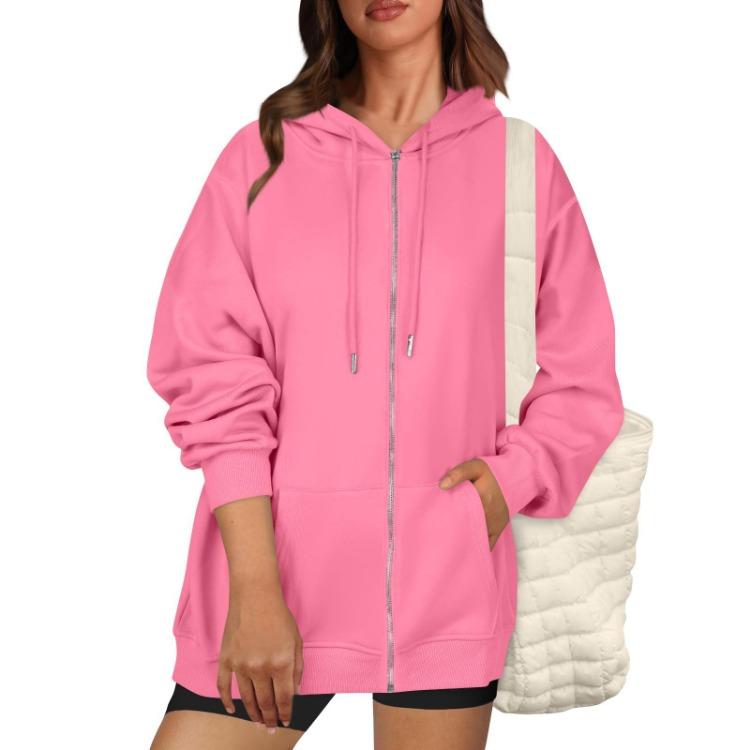 Casual Women Loose Hooded Zip Pocket Sweatshirt Jacket Fashion Top