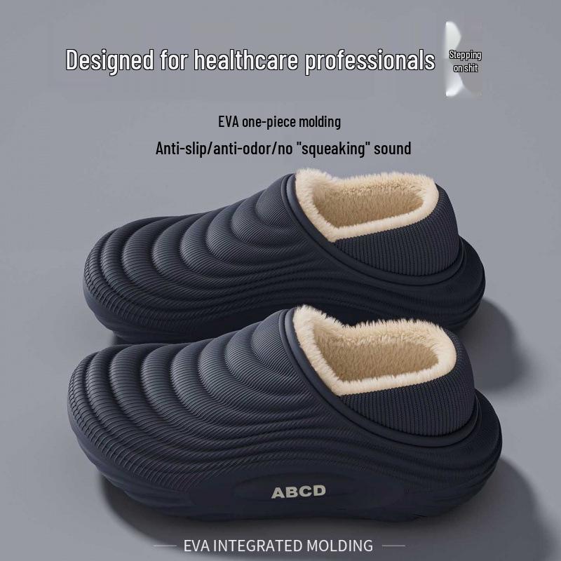 Men's Cartoon Cotton Slippers: Winter Indoor Non-Slip, Waterproof, Warm, Closed-Heel with Thick Sole for Couples