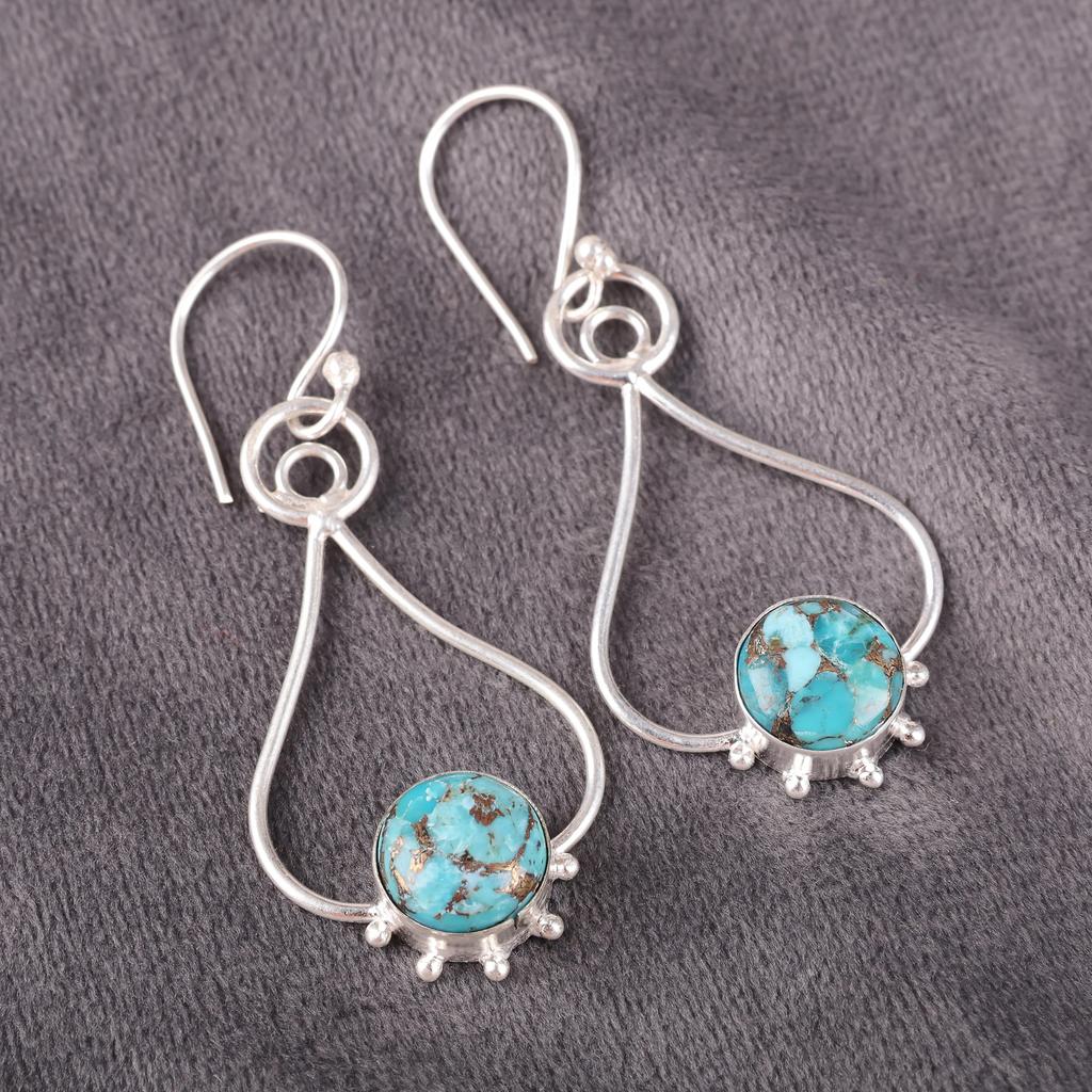 Blue Copper Turquoise Handmade Gemstone Earrings, 925 Solid Sterling Silver Earrings Antique Jewelry, For Engagement Gift