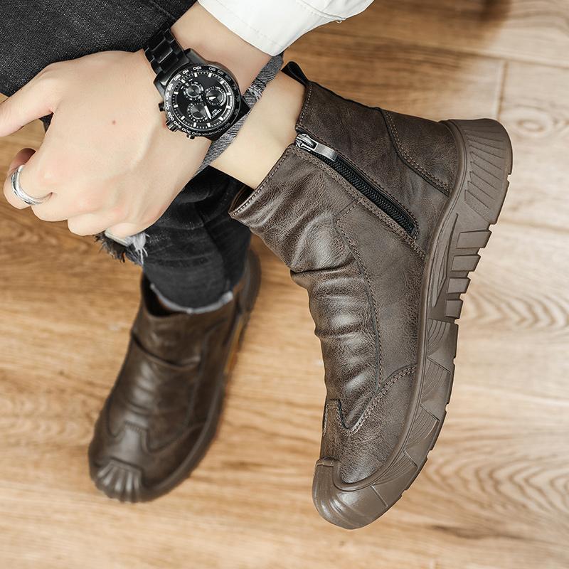 Erkek Motosiklet Deri Çizmeler İngiliz Tarzı Yuvarlak Kafa Yüksek Top Ayakkabı Yan Zip Yürüyüş Rahat Platform Çizmeler Bota Masculina